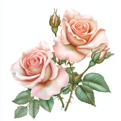 Naklejka premium Beautiful baby pink roses with delicate petals and green leaves, symbolizing love and elegance. Perfect for floral designs and romantic themes