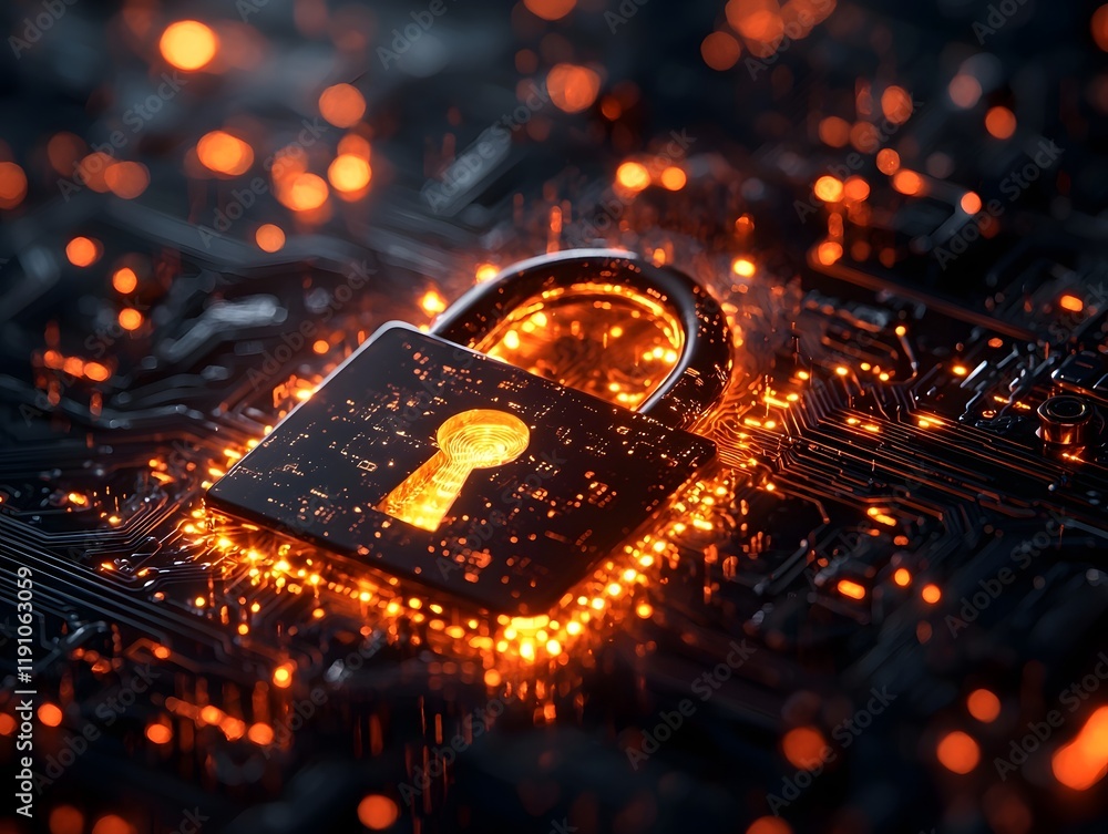 Poster glowing conceptual lock icon surrounded by digital circuits symbolizing fraud detection technology
