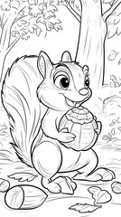 Obraz premium Adorable Cartoon Squirrel Holding a Large Nut in a Forest