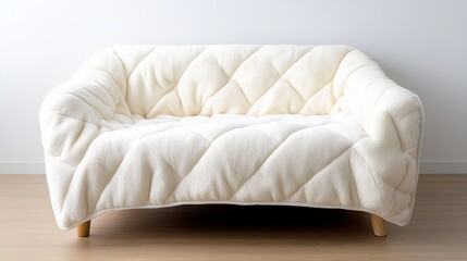A cozy white sofa with a quilted design, featuring wooden legs, set against a minimalist background.