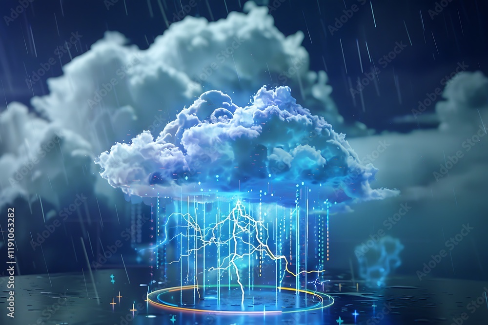 Poster a stylized cloud with lightning bolts and digital rain depicts cloud computing. data streams flow, s