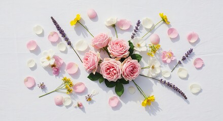A creative flat-lay arrangement of fresh flowers and petals scattered on a white tablecloth.