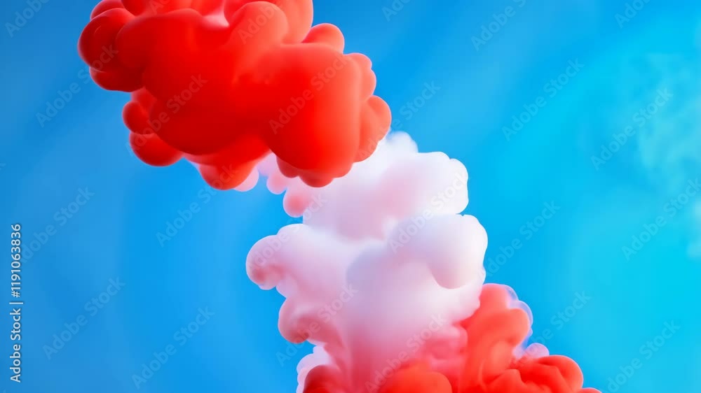 Poster vibrant red and white ink clouds swirl in blue liquid dynamic abstract composition with mesmerizing 