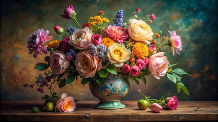 Obraz premium Still Life with Flowers in a Vase: Elegant Floral Arrangement, Vibrant Colors, Artistic Composition