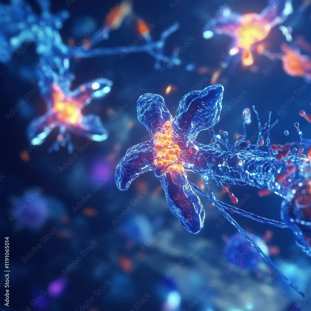 Poster antibodies engage with glowing viruses in a colorful visualization of immune response in a laborator