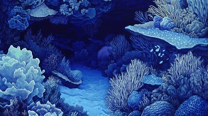 Obraz premium Underwater marine life of a coral reef. Illustration of background in a blue palette colours 