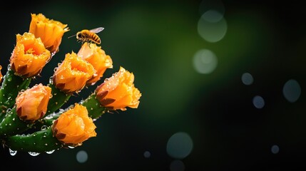 Vibrant Orange Cactus Flowers with Bee and Water Droplets Close-Up