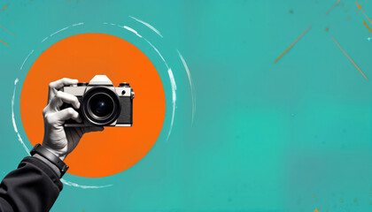 Hand holds retro camera against vivid colors. Abstract art collage style. Modern photo concept. Image for media social media post. Creative design. Trendy, influential style. Digital art. Fashionable