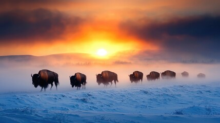 Bison Herd Walking Through Snow at Sunset in a Scenic Landscape