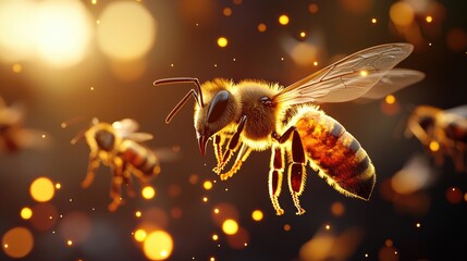 Naklejka premium Close-Up of a Honey Bee Flying Among Glimmering Soft Lights