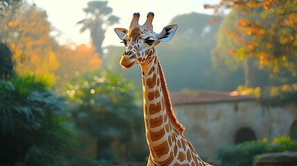 Young giraffe portrait in zoo, autumn sunlight.