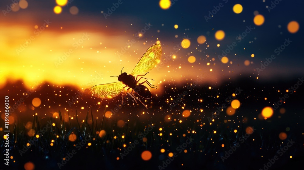 Poster elegant firefly illuminating twilight with glowing bokeh effects