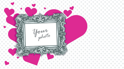 Valentine's banner design template. Dotted polka background with pink hearts and vintage hand drawn blank picture frame for photo. Best for social media post, cards. Vector illustration.