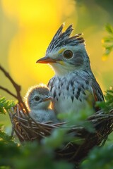 Fototapeta premium Bird and chick nestled in a nest, golden light.