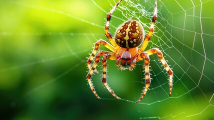 Fototapeta premium Colorful Spider Spinning Web in Natural Green Background