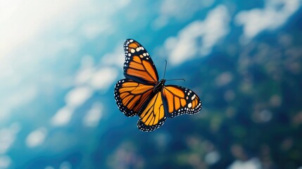 Obraz premium Vibrant Monarch Butterfly in Flight Against a Blue Sky Background