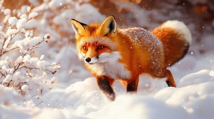 Fototapeta premium Curious Red Fox Wanders Through Snowy Winter Landscape
