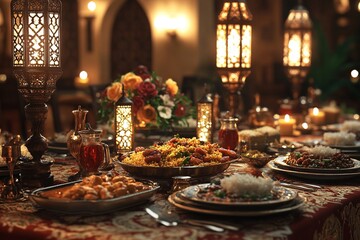 A beautifully arranged dining table with various dishes, candles, and decorative lanterns.
