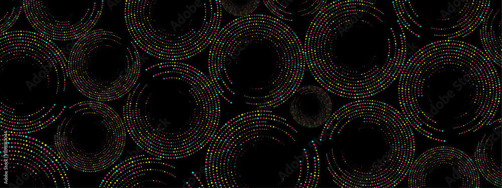Poster colored abstract black background of dots. texture of random particles. chaotic ornament, mosaic, ci
