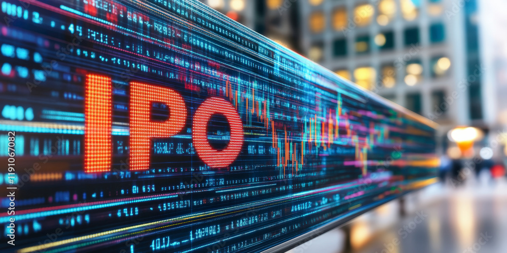 Poster exciting ipo launch displayed on digital screen with financial data, boosting investor interest and 
