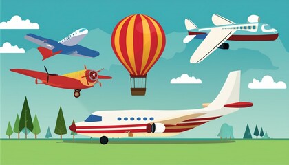 Aeroplane, planes, biplane and hot air balloon flat design