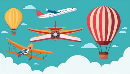 Aeroplane, planes, biplane and hot air balloon flat design
