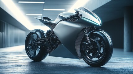 Futuristic motorcycle stands in empty corridor with bright lights