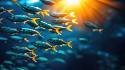 Fototapeta premium Underwater Scene with Fish and Sunlight Rays in Ocean Environment