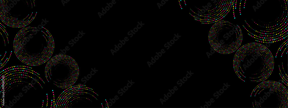Poster colored abstract black background of dots. texture of random particles. chaotic ornament, mosaic, ci