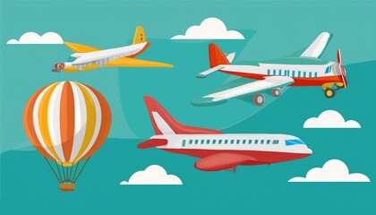 Aeroplane, planes, biplane and hot air balloon flat design