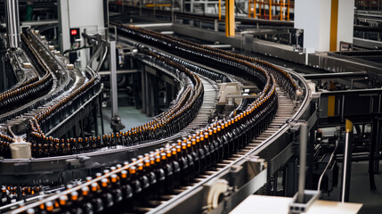 Naklejka premium Conveyor belt with many bottles in production