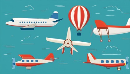 Aeroplane, planes, biplane and hot air balloon flat design