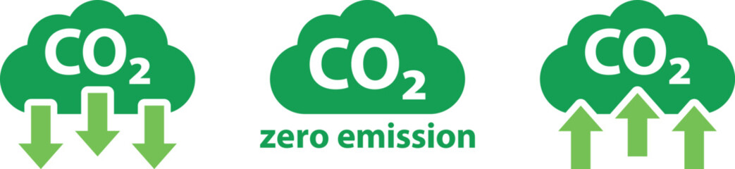 Green CO2 Emission Icons: Reduce, Zero Emission, and Increase Carbon Indicators