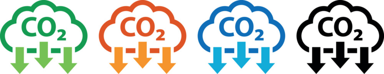 CO2 Reduction Icon Set: Carbon Cut, Zero Emissions, and Low Greenhouse Gas Pictograms in Multicolor Collection