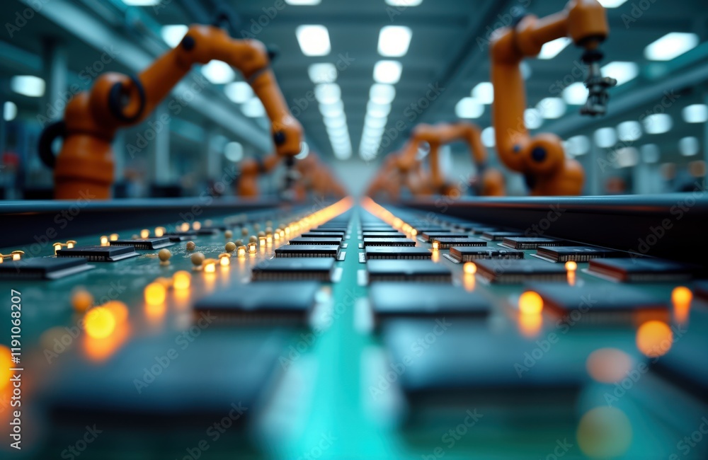 Aufkleber orange robots assemble microchips on conveyor belt in modern factory. automated tech production line