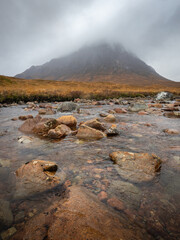 Rocks and Etive River at Buachaille Etive Mor at Glencoe in the highlands of Scotland