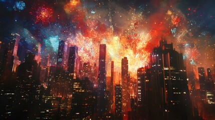Festive Fireworks Display Over Futuristic Cityscape