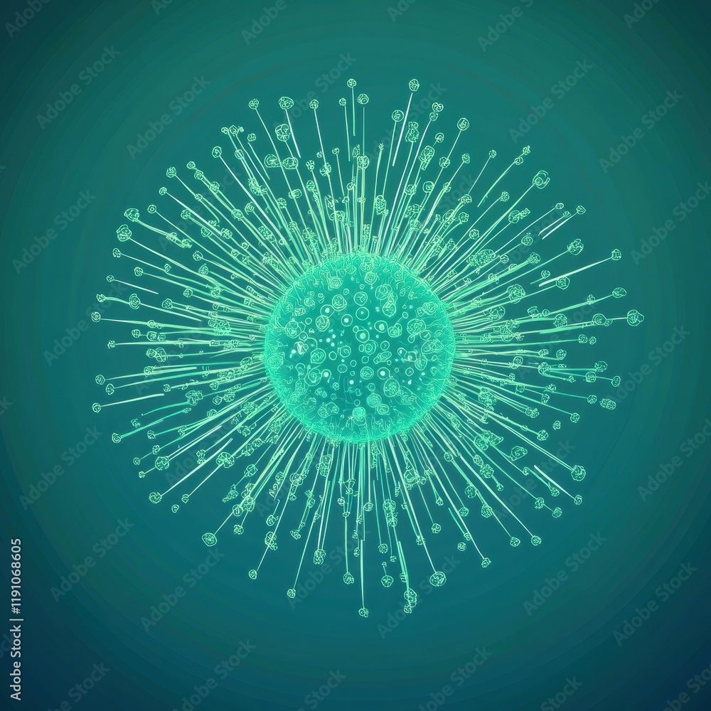 Poster clean and simple illustration of a virus depicting its structure with radiating spikes and vibrant c