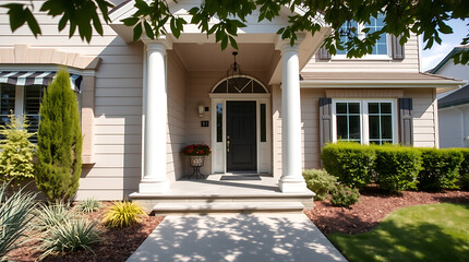 Luxury House Exterior with Columns and Landscaping: Dream Home in a Picturesque Setting