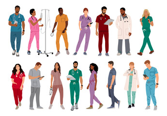Obraz premium Set of doctors, nurses, paramedics. Different male and female medic workers in uniform with stethoscopes. Flat cartoon vector illustration isolated