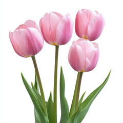 Beautiful pink tulips with delicate petals and green leaves, perfect for spring decor or floral arrangements. These flowers symbolize love and elegance, adding touch of nature to any setting