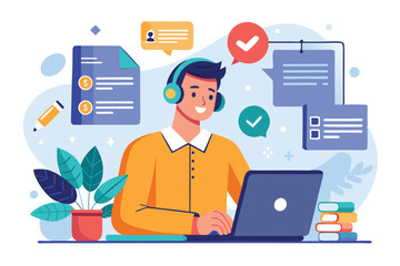 AI Generated image of a call center professional, wearing a headset, reading telephonic survey feedback and documenting critical insights with focused attention.