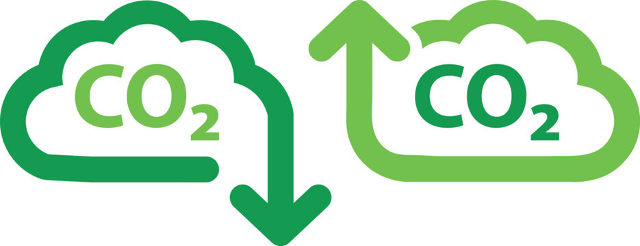 Green CO2 Emission Icons: Reduce, Zero Emission, and Increase Carbon Indicators