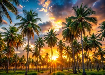 Fototapeta premium Stunning Panoramic View of Lush Palm Trees and Palm Fronds at Sunset