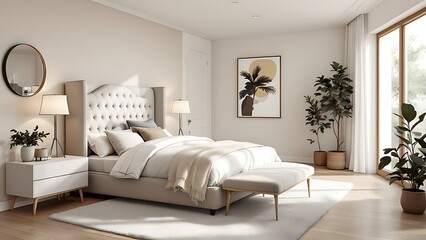 Modern bedroom interior in Pantone color of the year 2025 Mocha Mousse