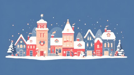 Obraz premium A minimalistic cartoon poster with traditional buildings, snow, and festive lights in the background.