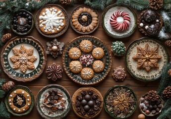 Fototapeta premium Festive Collection of Holiday Cookies and Desserts on Rustic Wooden Table Surrounded by Pinecones and Evergreen Decorations