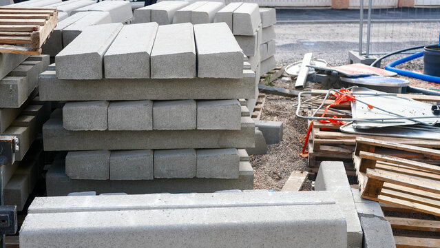 Large concrete blocks for construction and renovation of a construction site, without people, Europe, France