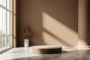Ultra Hd Image of Brown Podium in Stylish Room for Business or Product Design