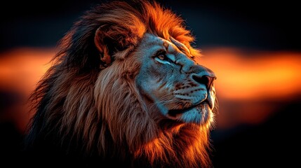 Fototapeta premium Majestic lion at sunset, profile view.